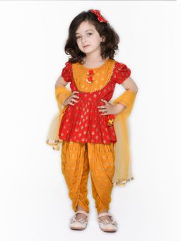 SAKA DESIGNS - Red Jhabla With Mustard Dhoti With Pom Pom And Tassels (Set of 3)