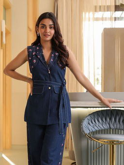 B'Infinite - Blue Floral Denim Blazer with Belt (Set of 2)