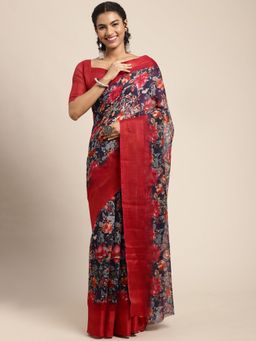 Akhilam - Womens Linen Navy Blue Printed Designer Saree with Unstitched Blouse