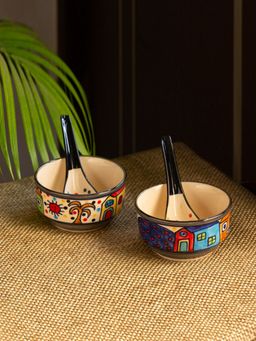 ExclusiveLane - Soupy Huts' Soup Bowl With Spoon In Ceramic (Set Of 2, 260 ML, Microwave Safe)