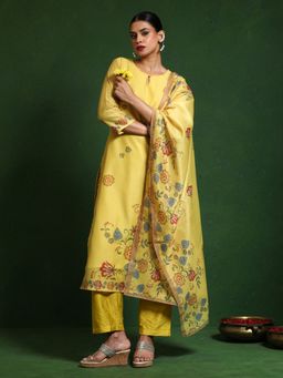 Varanga - Yellow Floral Printed Embroidered Kurta and Pant with Dupatta (Set of 3)