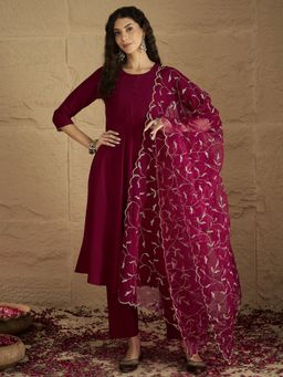 Varanga - Maroon Round Neck Flared Kurta With Pant And Dupatta (Set of 3)