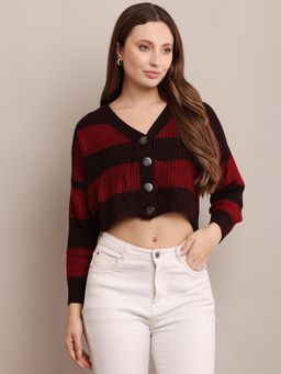 NOBARR - Women V-Neck Stripes Full Sleeves Cardigan
