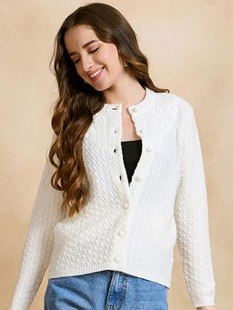CLAPTON - Women Round Neck Self Design Full Sleeves Cardigan