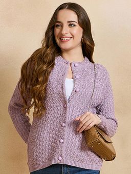 CLAPTON - Women Round Neck Self Design Full Sleeves Cardigan