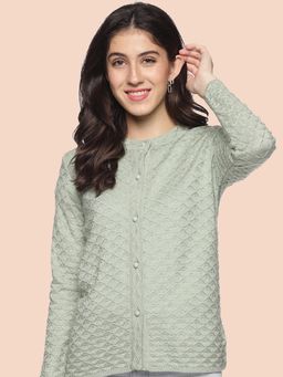CLAPTON - Women Round Neck Self Design Full Sleeves Cardigan
