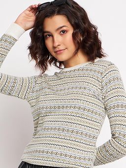 CLAPTON - Women Round Neck Self Design Full Sleeves Cardigan