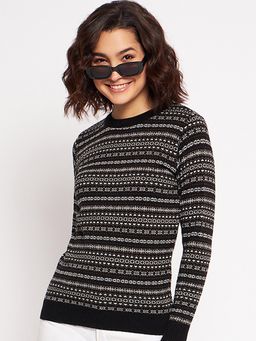 CLAPTON - Women Round Neck Self Design Full Sleeves Cardigan