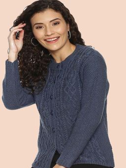 CLAPTON - Women Round Neck Self Design Full Sleeves Cardigan