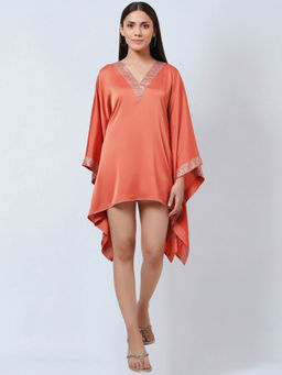 First Resort by Ramola Bachchan - Coral Embellished Kaftan Dress Top