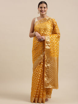 Geroo Jaipur - Yellow Floral Zari Organza Banarasi Saree