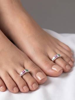 TOUCH925 - Pure 925 Silver Emerald and Ruby Toe Ring for Women