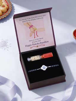 Ornate Jewels - 925 Silver Mother Of Pearl Flower Evil Eye Thread Rakhi with Roli Chawal for Brother