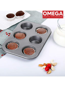 Omega - Carbon Steel 6 Cup Nonstick Muffin Cupcake Pan Tray - Black (Pack of 6)