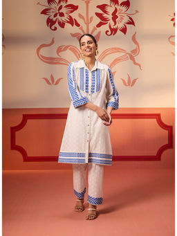 Lakshita - Ghazal Ivory Cotton Jacquard Embroidered Kurta with Pant (Set of 2)
