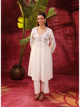 Lakshita - Ivory Embroidered Cotton Jacquard Designer Kurta