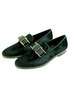 SHUTIQ - Zippered Bow Coal Black Embroidered Loafers