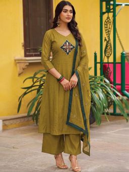 Gahan - Womens Mehandi Rayon Blend Embroidered Straight Kurta Palazzo With Dupatta