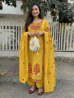 Gahan - Womens Mustard Rayon Blend Embroidery Straight Kurta Trouser With Dupatta