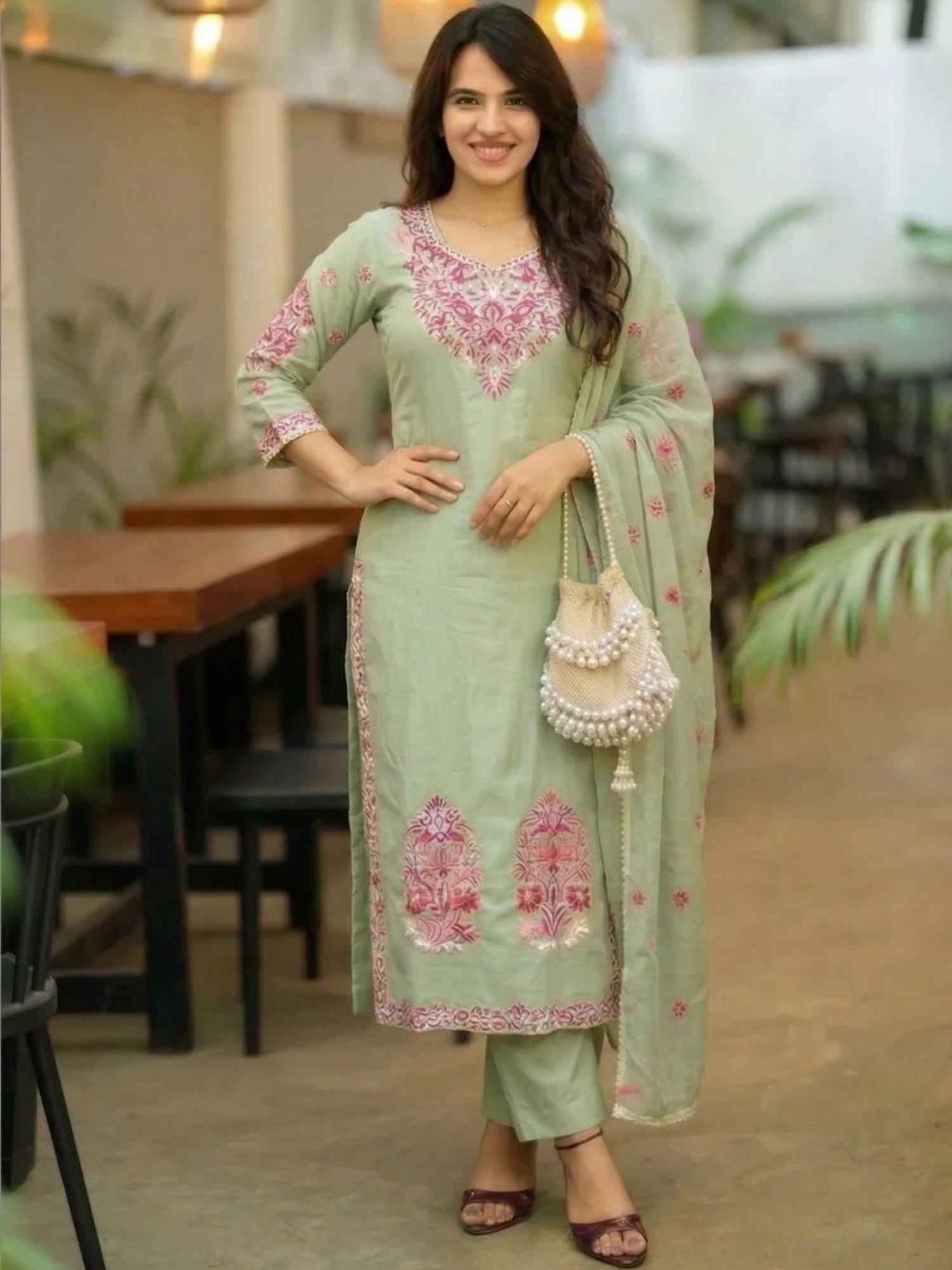 gahan Womens Pista Rayon Blend Embroidery Straight Kurta Trouser with Dupatta-picture-35