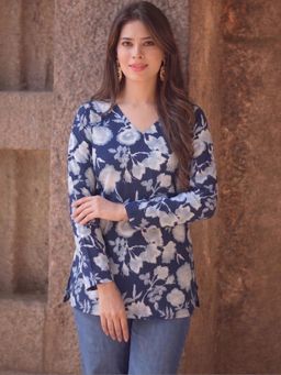 Gahan - Womens Blue Rayon Blend Printed Straight Tunic