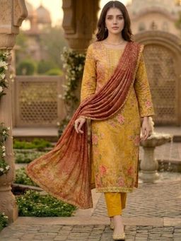 Gahan - Womens Yellow Rayon Blend Printed Straight Kurta & Trouser With Dupatta
