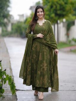 Gahan - Womens Mehandi Rayon Blend Printed Anarkali Kurta and Pant with Dupatta