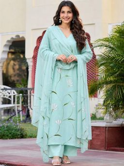 Gahan - Womens Mint Rayon Blend Printed Straight Kurta Trousers With Dupatta
