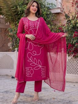 Gahan - Womens Pink Rayon Blend Embroidered Straight Kurta Trousers With Dupatta