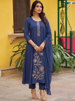 Gahan - Womens Blue Rayon Blend Embroidered Anarkali Kurta and Pant With Dupatta