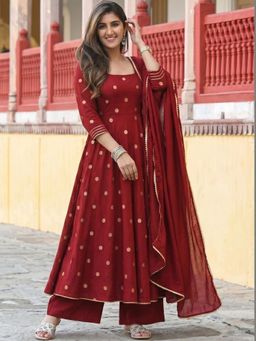 Gahan - Womens Red Rayon Blend Printed Anarkali Kurta and Palazzos With Dupatta