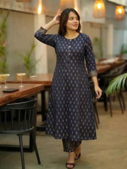 Gahan - Womens Blue Rayon Blend Printed Anarkali Kurta With Pant