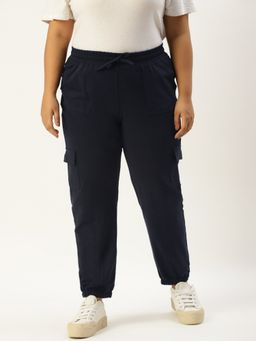 theRebelinme - Plus Size Womens Navy Blue Solid Color Knitted Cargo Trouser