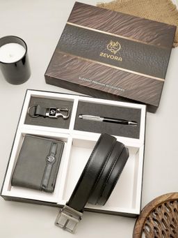 ZEVORA - Men Reversible Black Belt with Wallet, Pen & Keychain
