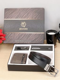 ZEVORA - Men Reversible Black Belt with Wallet, Pen & Keychain