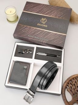 ZEVORA - Men Reversible Black Belt with Wallet, Pen & Keychain