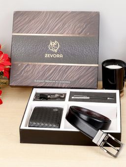 ZEVORA - Men Reversible Black Belt with Wallet, Pen & Keychain