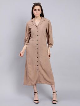Scoup - Brown Midi Shirt Dress with Lapel Collar