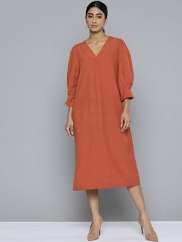 Scoup - Rust V-neck Front Pleat Detailed Dress