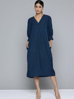 Scoup - Navy V-Neck Front Pleat Detailed Dress