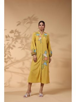 STIL-O-STITCH - Yellow Colour Cotton Flex Fabric midi Dress