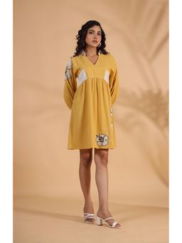 STIL-O-STITCH - Yellow Colour Cotton Flex Fabric mini Dress