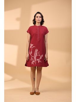 STIL-O-STITCH - Maroon Colour Cotton Flex Fabric mini Dress
