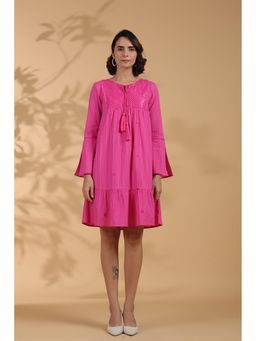 STIL-O-STITCH - Pink Colour Cotton Lurex Fabric Knee Length Dress