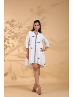 STIL-O-STITCH - White Colour Cotton Fabric Mini Dress