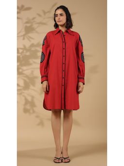 STIL-O-STITCH - Red Colour Cotton Flex Fabric Knee Length Dress