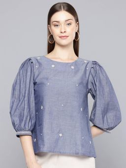 Scoup - Floral Embroidered Chambray Top