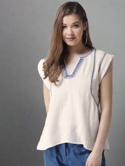 Scoup - Cotton Gauze Embroidered Boxy Top
