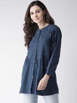 Scoup - Navy Blue Embroidered Tunic Top with Frill Detail on Sleeves