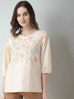 Scoup - Light Beige Cotton Embroidered Poplin Top
